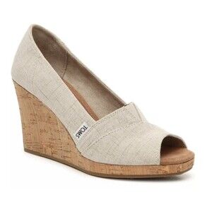 TOMS Beige Classic Wedge Sandals Cork Heel Peep Toe Espadrilles Slip Ons Women 7
